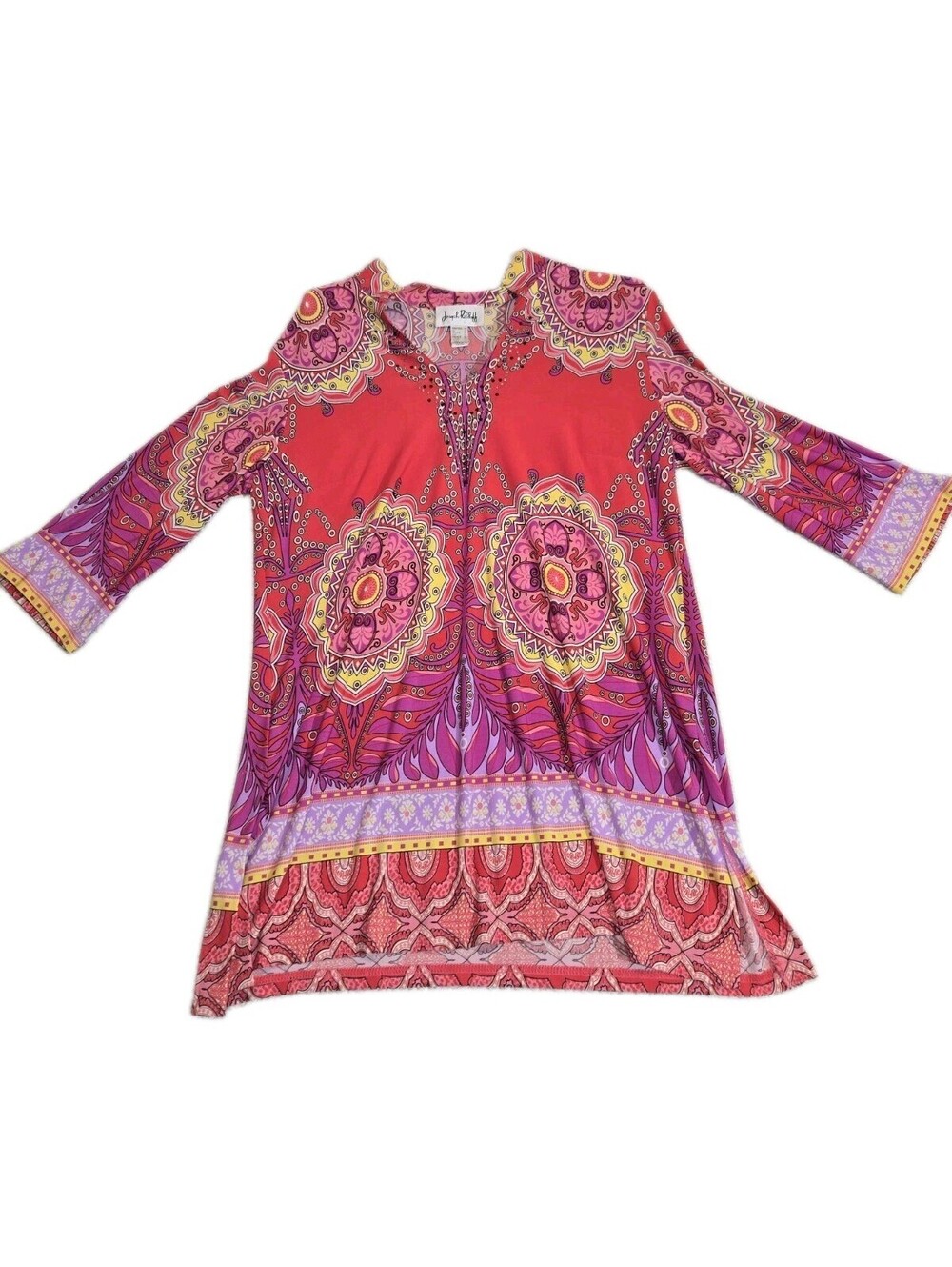 joseph ribkoff top size 14 Psychedelic Vtg Tunic Vneck Pink Bling Boho Hippy